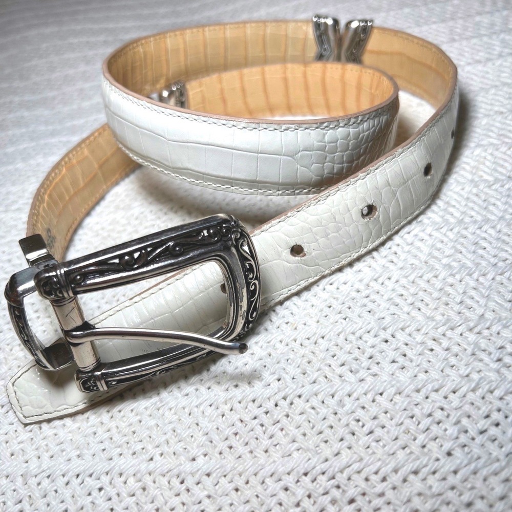 Vintage Reversible Croc Embossed Belt White Tan Silver Filigree Buckle 30 B27011